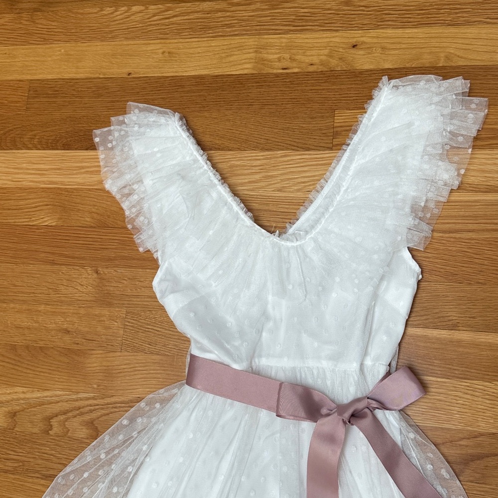 White Swiss Dot Tulle V-neck Dress with Pink Sash - Picture 3 of 12